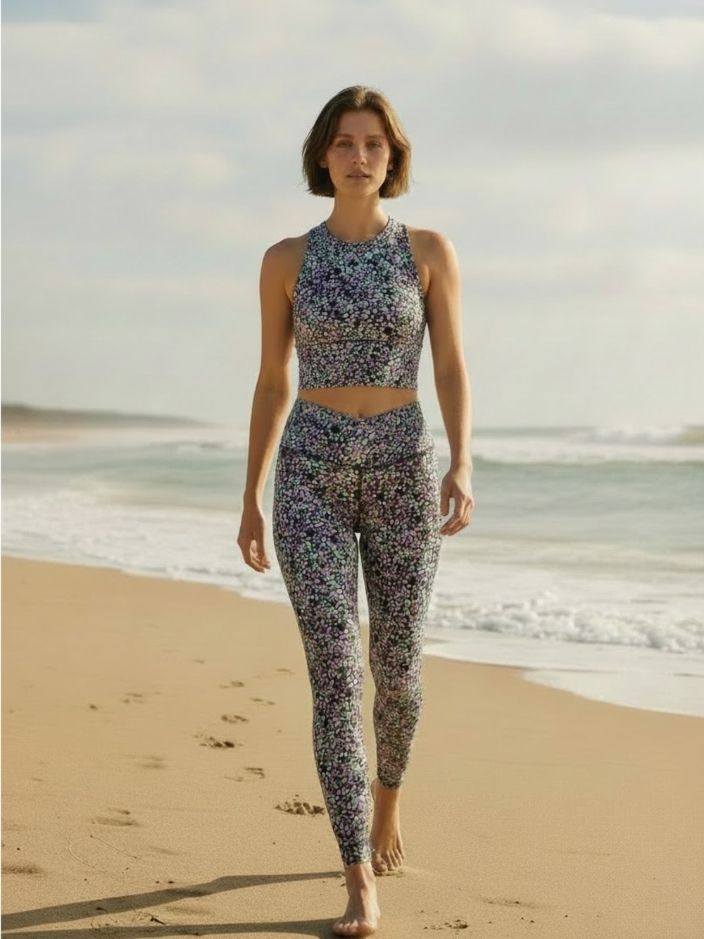Sage Purple Floral High-Neck Crop Top & Matching Leggings